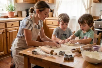 Mère et enfants qui cuisinent ensemble en faisant des biscuits dans une cuisine familiale chaleureuse