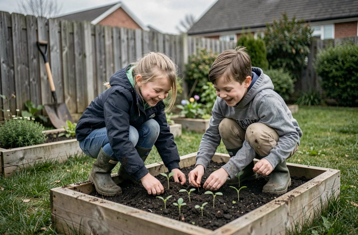 Enfants qui jardinent ensemble en plantant des semis dans un jardin familial extérieur