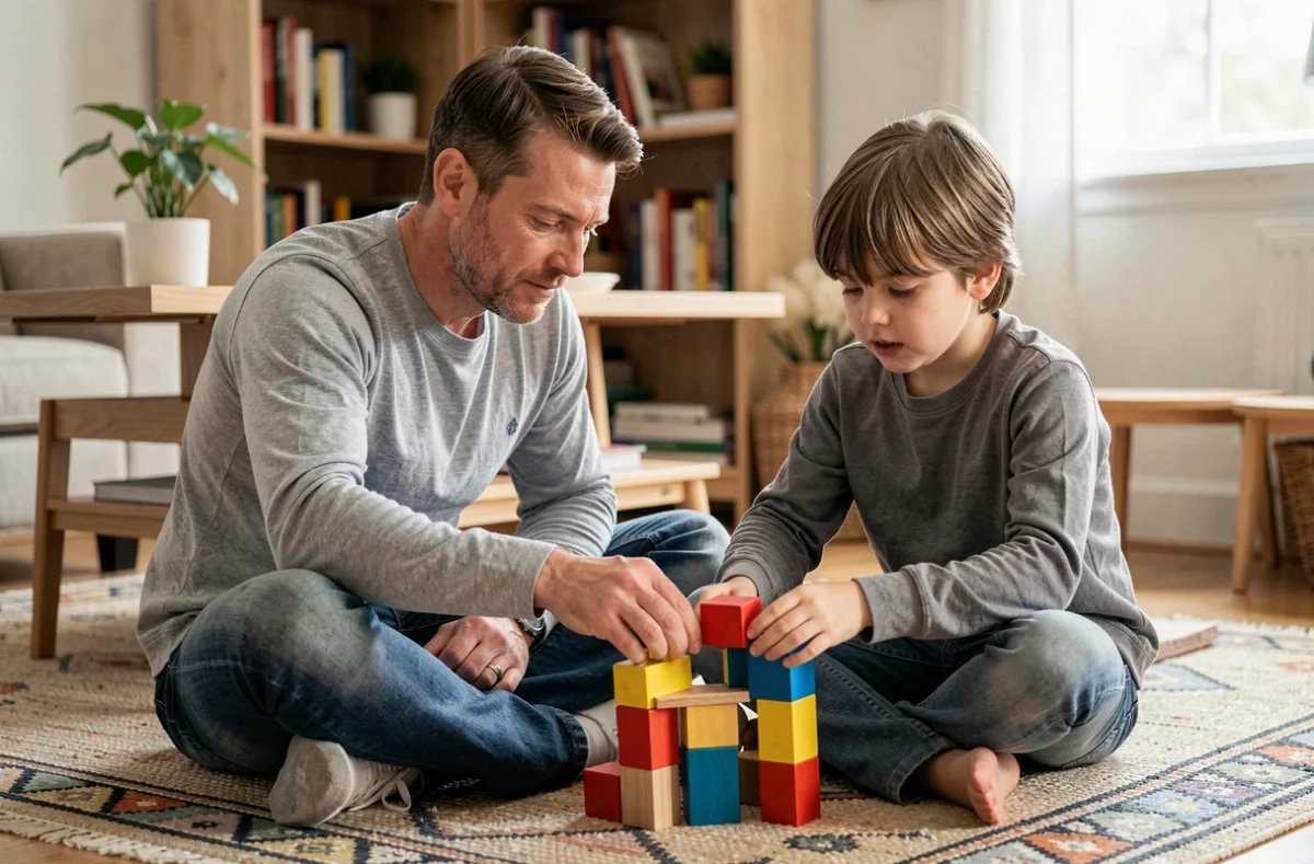 Père et enfant jouant ensemble avec des blocs de construction en bois sur un tapis de salon