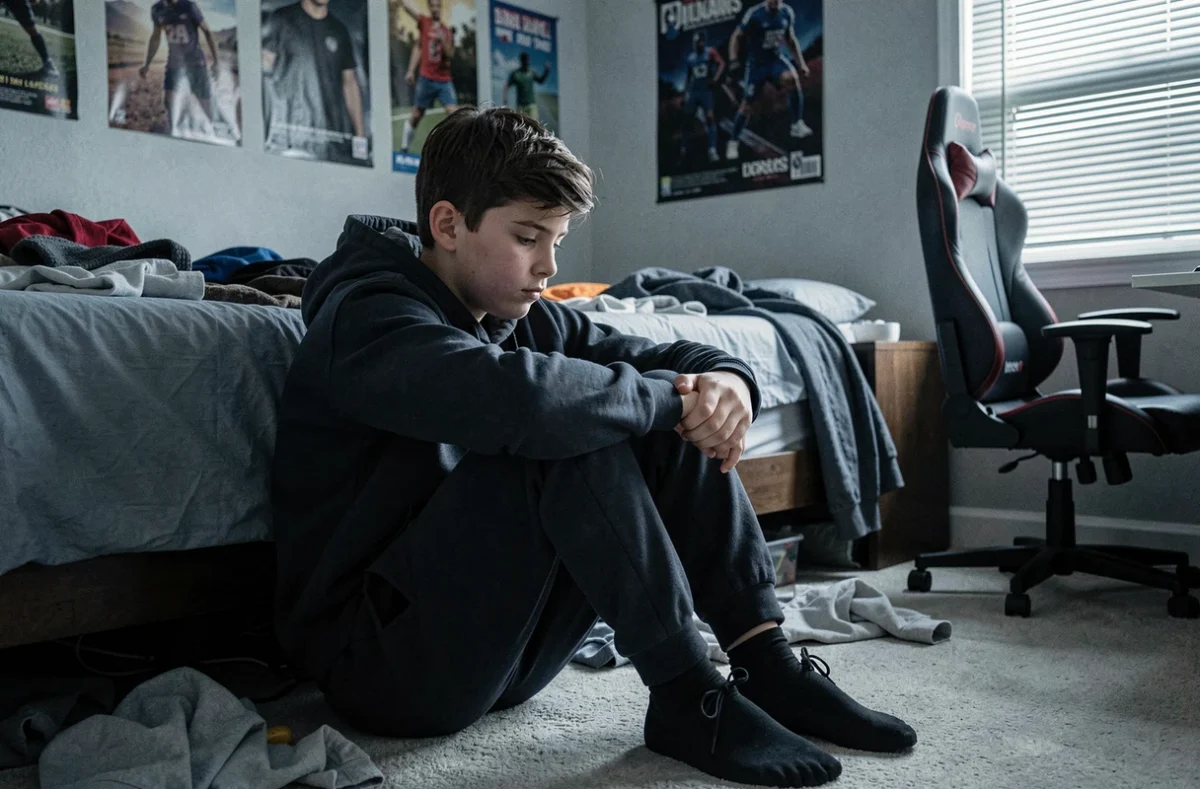 Adolescent de 14 ans renfermé sur lui-même dans sa chambre, illustrant la phase difficile de l'adolescence