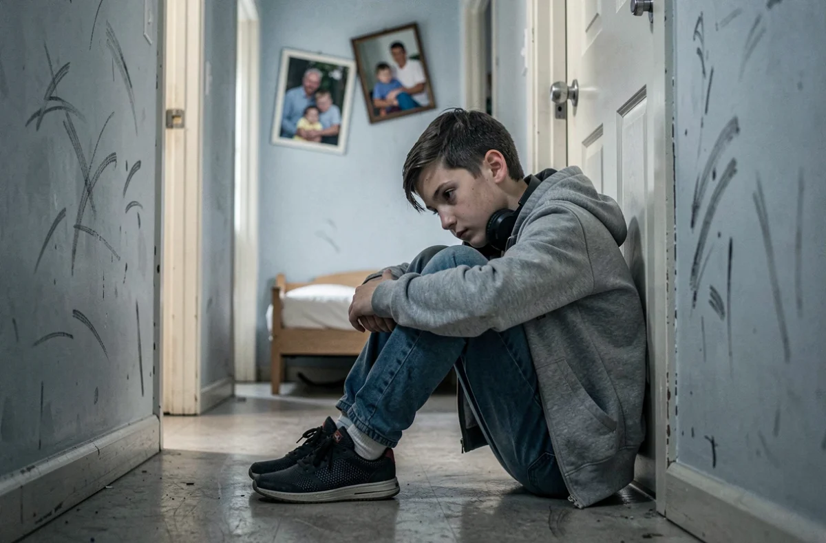 Adolescent isolé assis dans un couloir, symbolisant le repli sur soi et la souffrance silencieuse dans un foyer dysfonctionnel