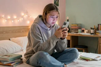 Adolescente scrollant sur son smartphone dans sa chambre, illustrant l'influence des réseaux sociaux sur les jeunes