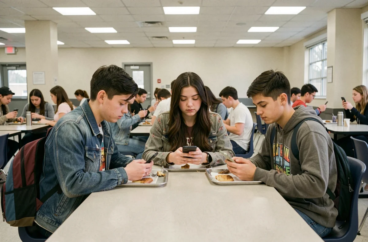 Groupe d'adolescents absorbés par leurs téléphones dans une cafétéria scolaire, symbolisant l'isolement social lié aux réseaux sociaux