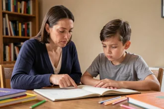Une mère aidant son fils à faire ses devoirs à la table de la cuisine, illustrant le soutien scolaire à domicile