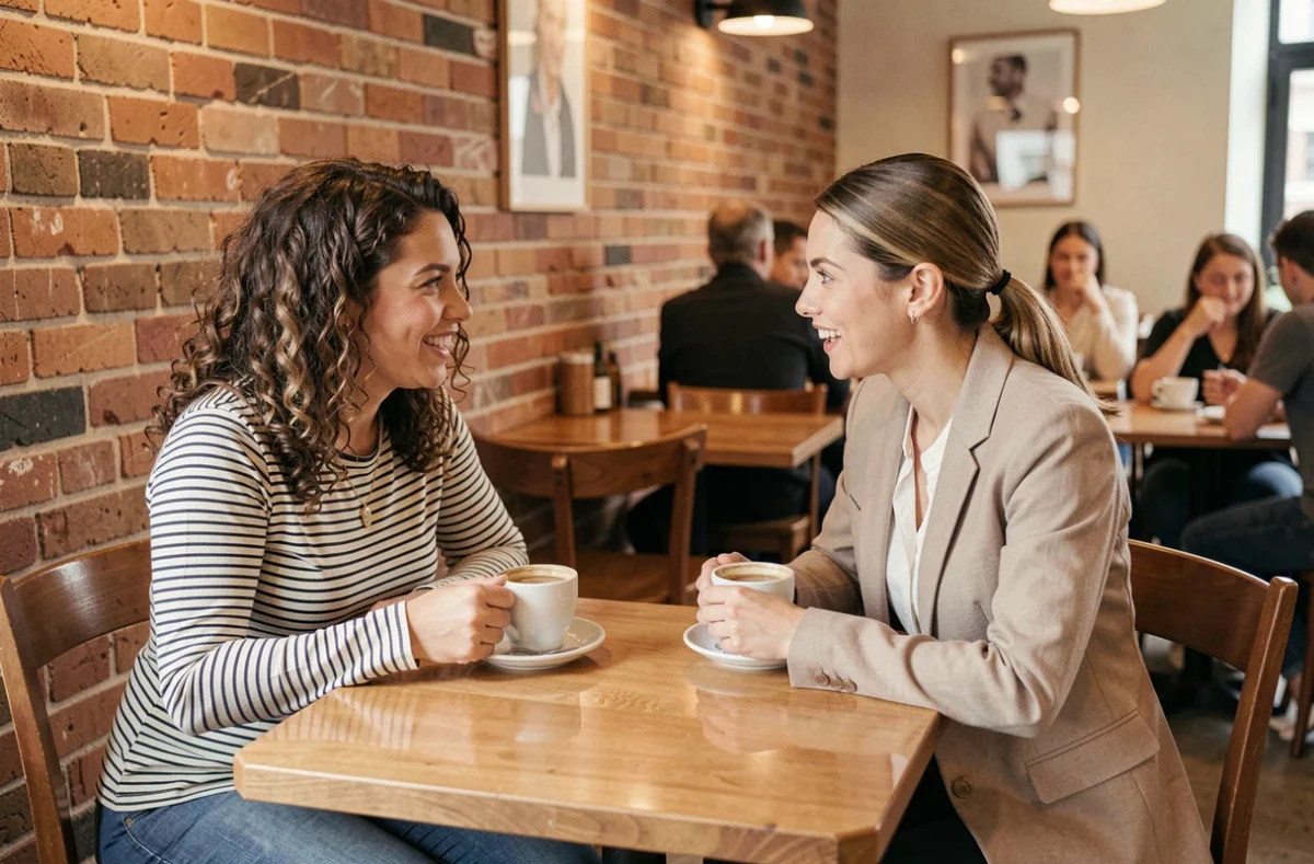 Deux amies avec trois ans d'écart d'âge discutant autour d'un café dans un bistrot chaleureux