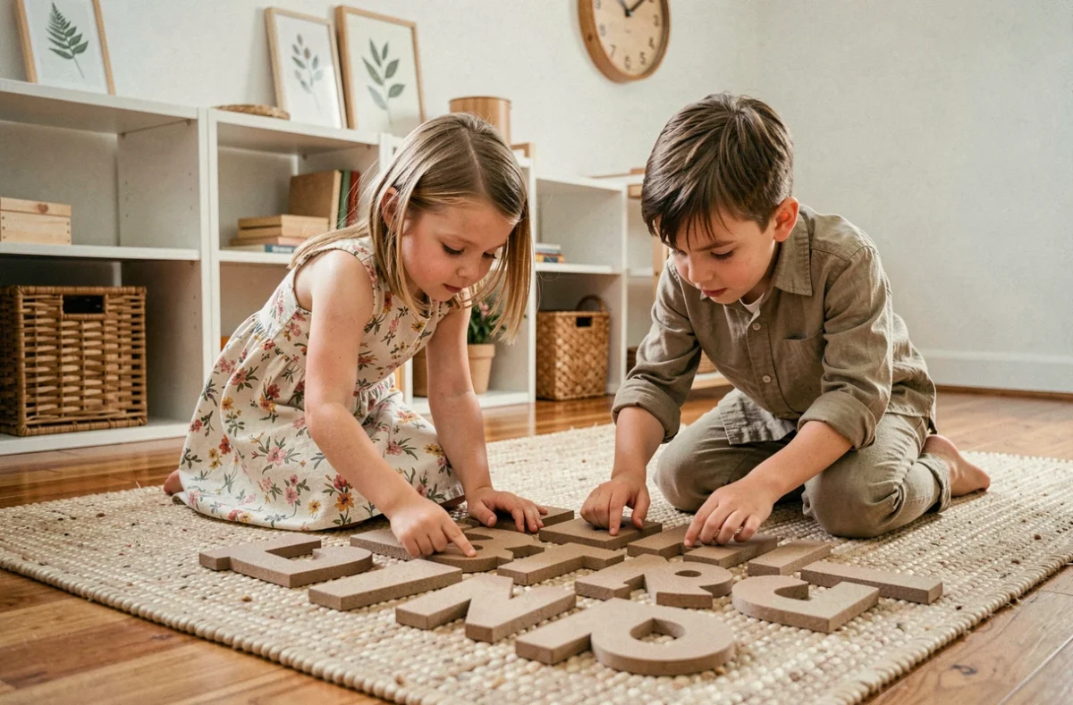 Deux enfants apprenant l'alphabet avec des lettres en papier de verre selon la méthode Montessori à domicile