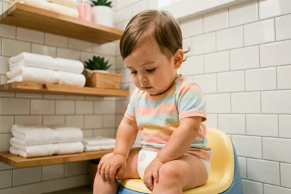 Tout-petit assis sur un pot d'apprentissage dans une salle de bain familiale, illustrant l'apprentissage de la propreté chez l'enfant