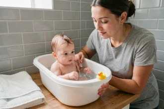 Mère donnant le bain à son bébé dans une baignoire blanche sur un plan de travail en bois, atmosphère douce et apaisante de salle de bain familiale