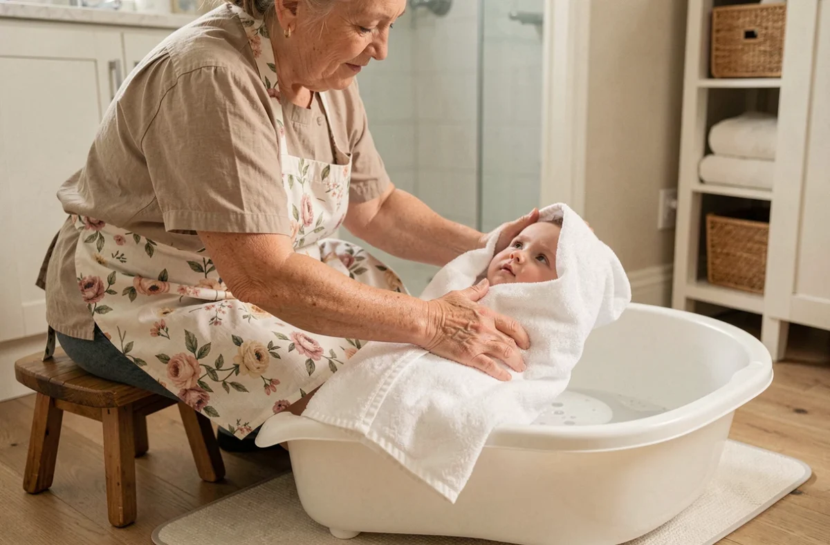 Grand-mère séchant tendrement son petit-enfant après le bain dans une serviette à capuche blanche, ambiance douce et apaisante propice au coucher