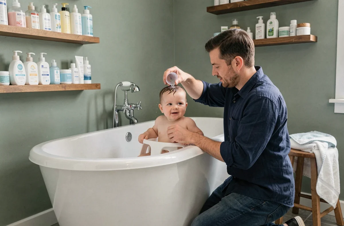 Père donnant le bain à son bébé dans une baignoire en céramique blanche, salle de bain verte avec étagères en bois et produits de soin pour bébé