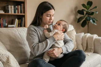 Mère en pleurs tenant son bébé contre elle sur un canapé beige, le nourrisson la regardant avec attention et curiosité