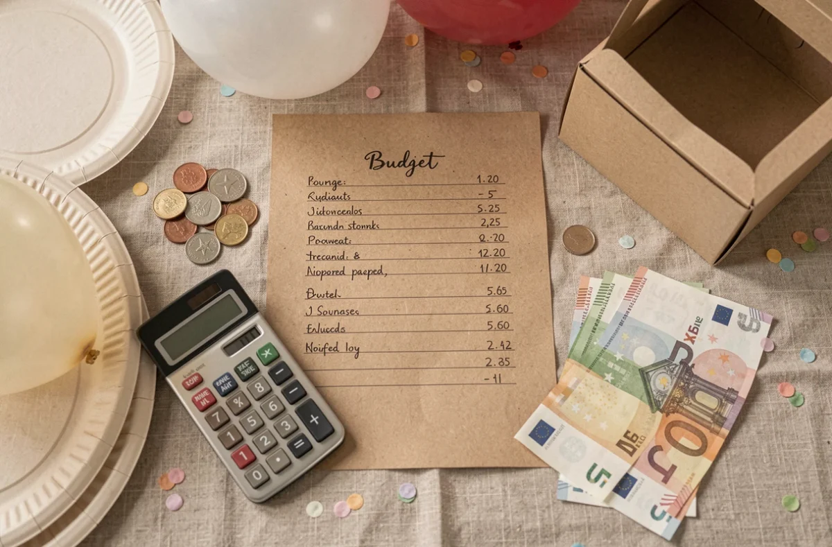 Vue de dessus d'un budget de fête manuscrit avec billets, pièces et fournitures de fête abordables sur une table en bois