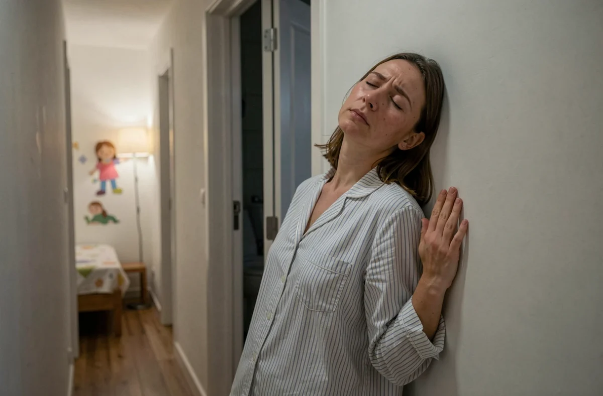 Mère en pyjama dans le couloir de nuit, adossée au mur les yeux fermés, exprimant l'épuisement du burn-out parental