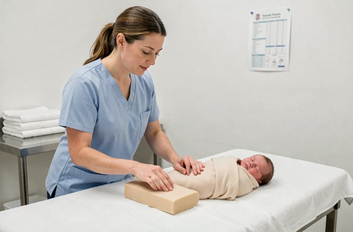 Infirmière pédiatrique montrant comment caler un nouveau-né avec un coussin de positionnement sur une table d'examen