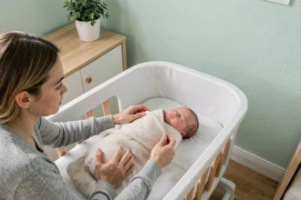 Mère positionnant un cale-bébé en tissu autour d'un nouveau-né endormi dans un berceau en bois clair