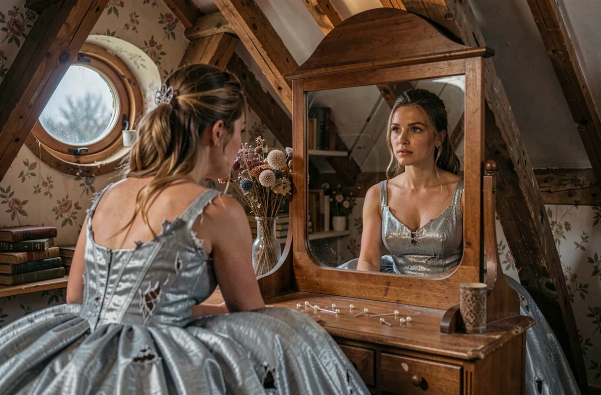 Femme en robe de bal argentée assise devant un miroir de coiffeuse dans une chambre mansardée, regard mélancolique après minuit