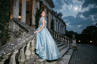 Jeune femme en robe de bal bleue sur un escalier de palais baroque la nuit, évoquant Cendrillon à minuit