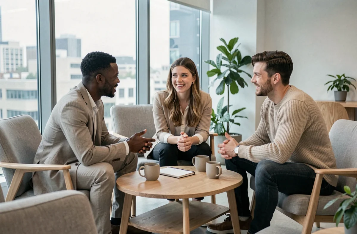 Groupe de collègues en discussion détendue dans un espace de travail moderne, illustrant l'importance des relations professionnelles saines
