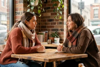 Deux femmes en conversation sincère dans un café chaleureux, illustrant l'écoute active et la communication dans les relations
