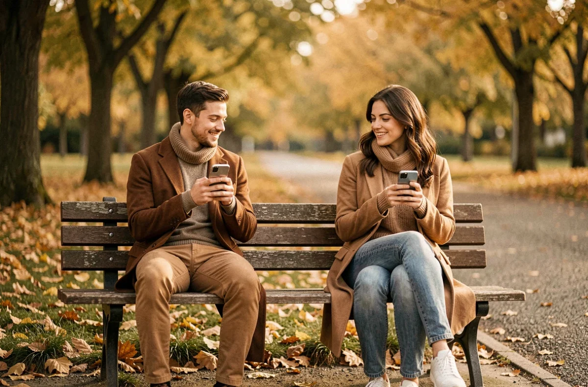 Couple en début de relation échangeant des SMS assis sur un banc de parc en automne