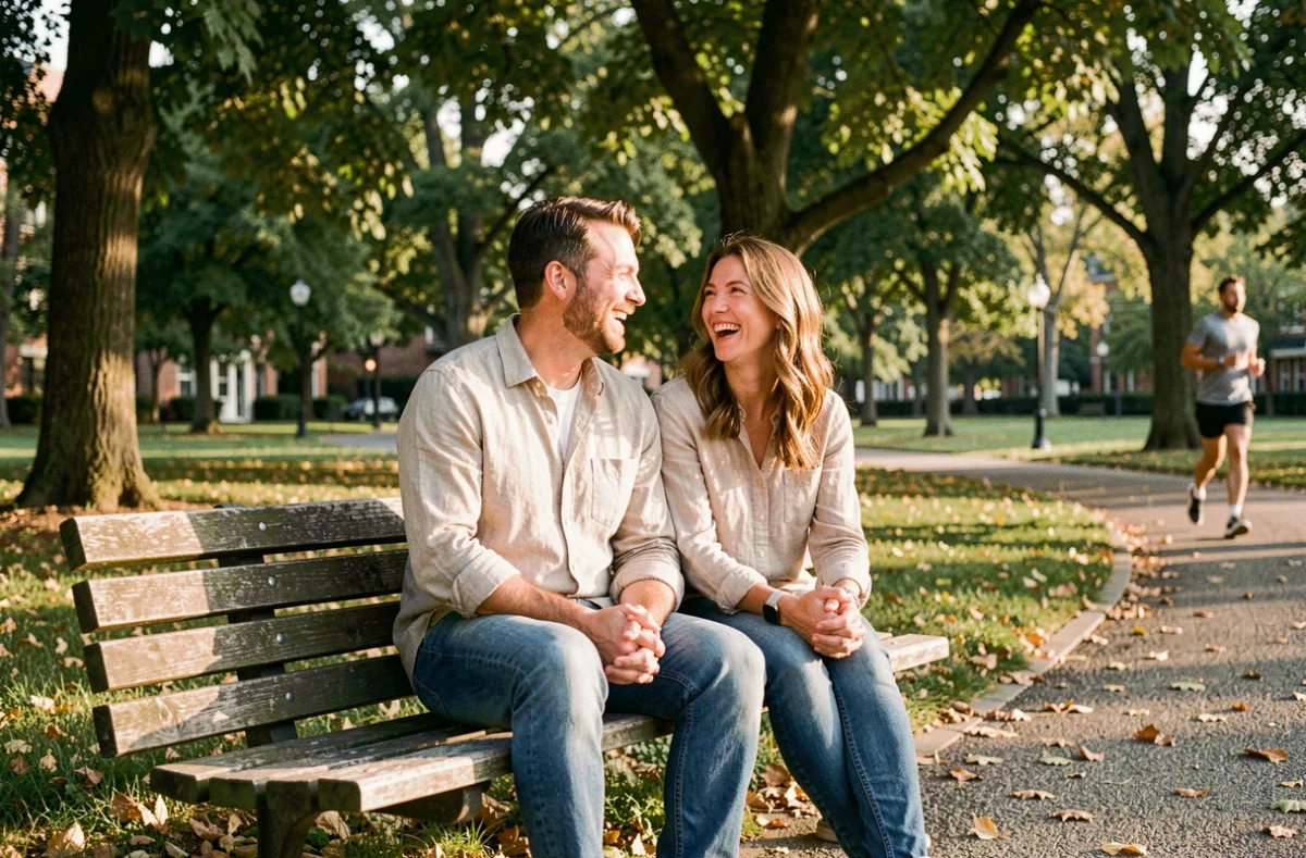 Un couple partageant un moment de rire complice sur un banc de parc, symbole de complicité et de bienveillance dans une relation