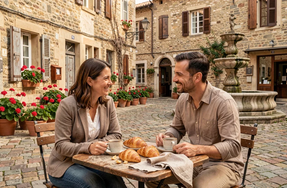 Couple détendu partageant un petit-déjeuner en terrasse dans un village européen pendant les vacances sans stress