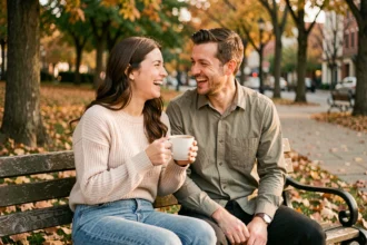 Couple avec une différence d'âge de 3 ans assis sur un banc de parc en automne, partageant un café et riant ensemble