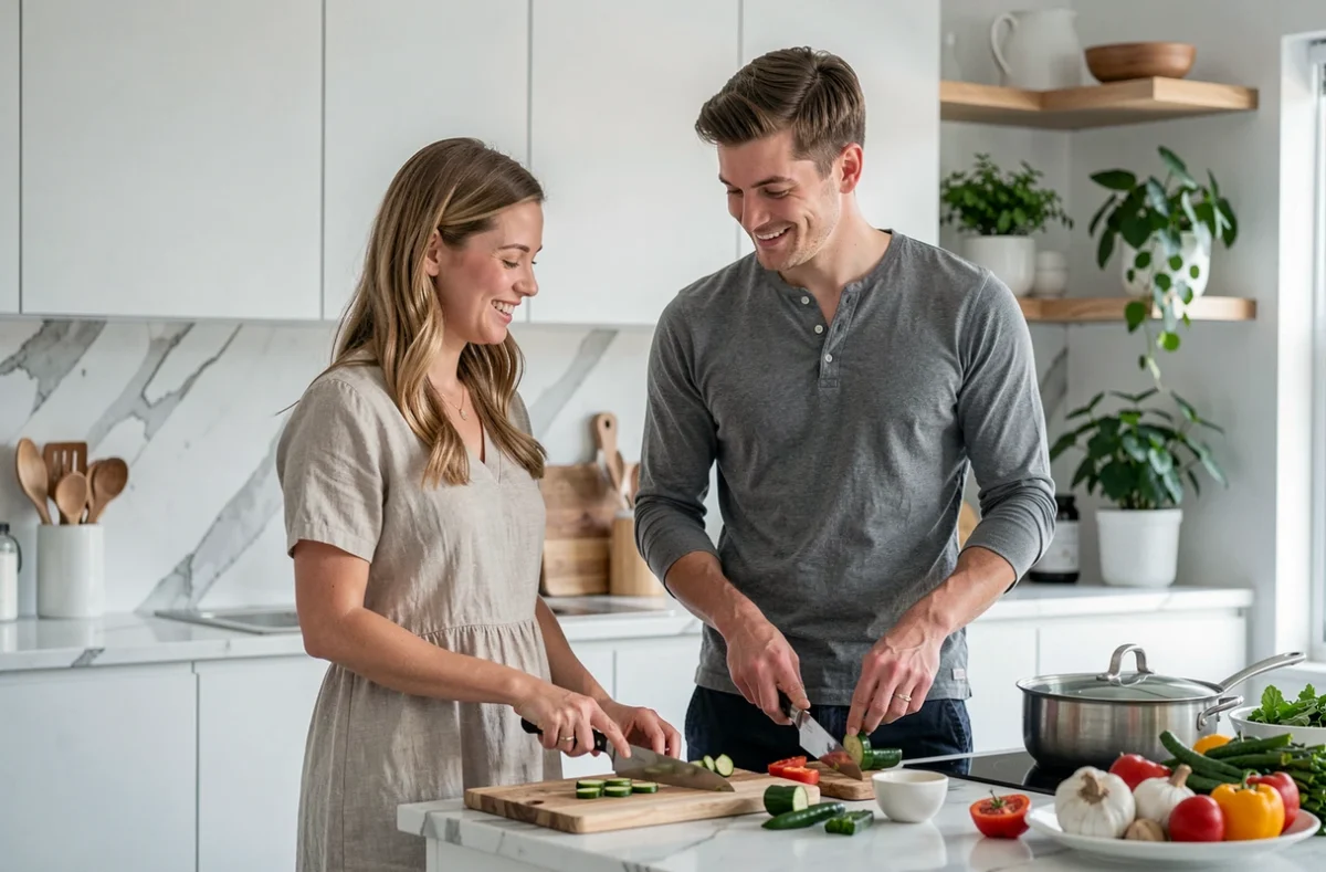 Couple dans la trentaine avec trois ans de différence d'âge cuisinant ensemble dans un appartement moderne