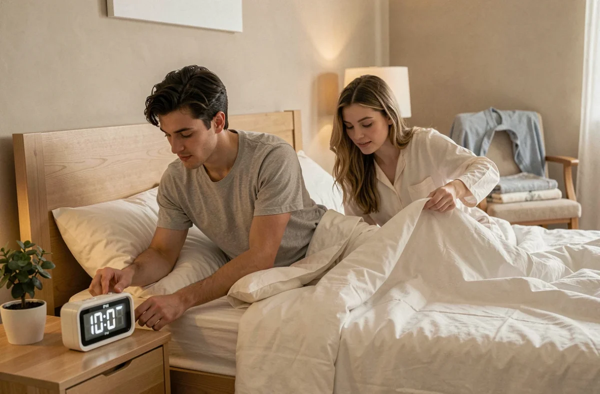 Couple se préparant à dormir à 22h, illustrant les bonnes habitudes de sommeil