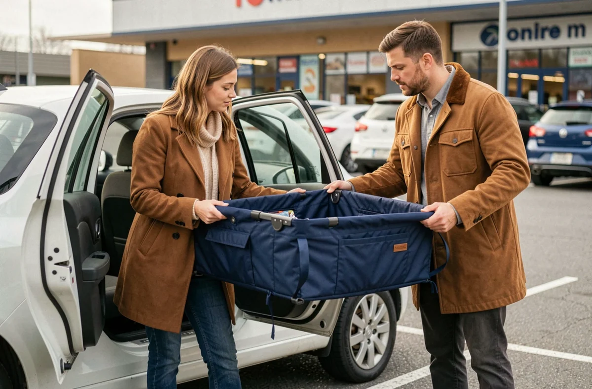 Couple essayant de faire rentrer une nacelle sur la banquette arrière d'une voiture compacte blanche dans un parking de supermarché