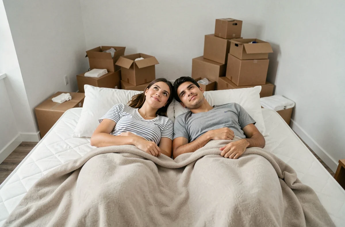 Couple allongé éveillé dans leur nouvel appartement vide la première nuit entourés de cartons
