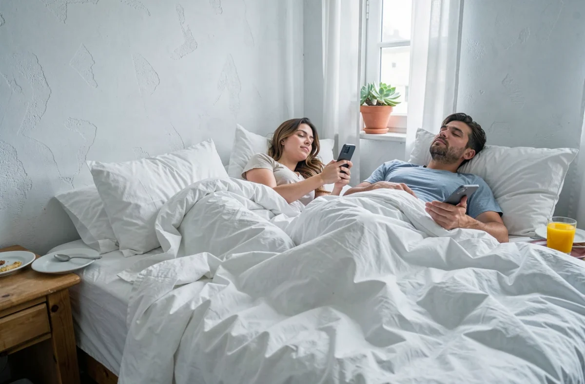 Couple se reposant dans un lit le dimanche matin avec petit-déjeuner, représentant la légitimité du repos du week-end