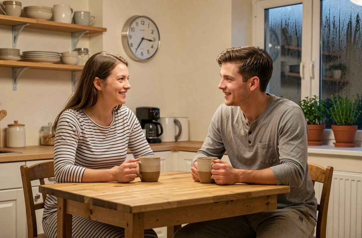 Couple partageant une tisane en soirée dans une cuisine chaleureuse avant d'aller se coucher à heure fixe
