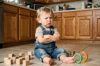 Enfant de 2 ans en pleine crise de colère assis sur le sol de la cuisine, illustrant le phénomène du Terrible Two