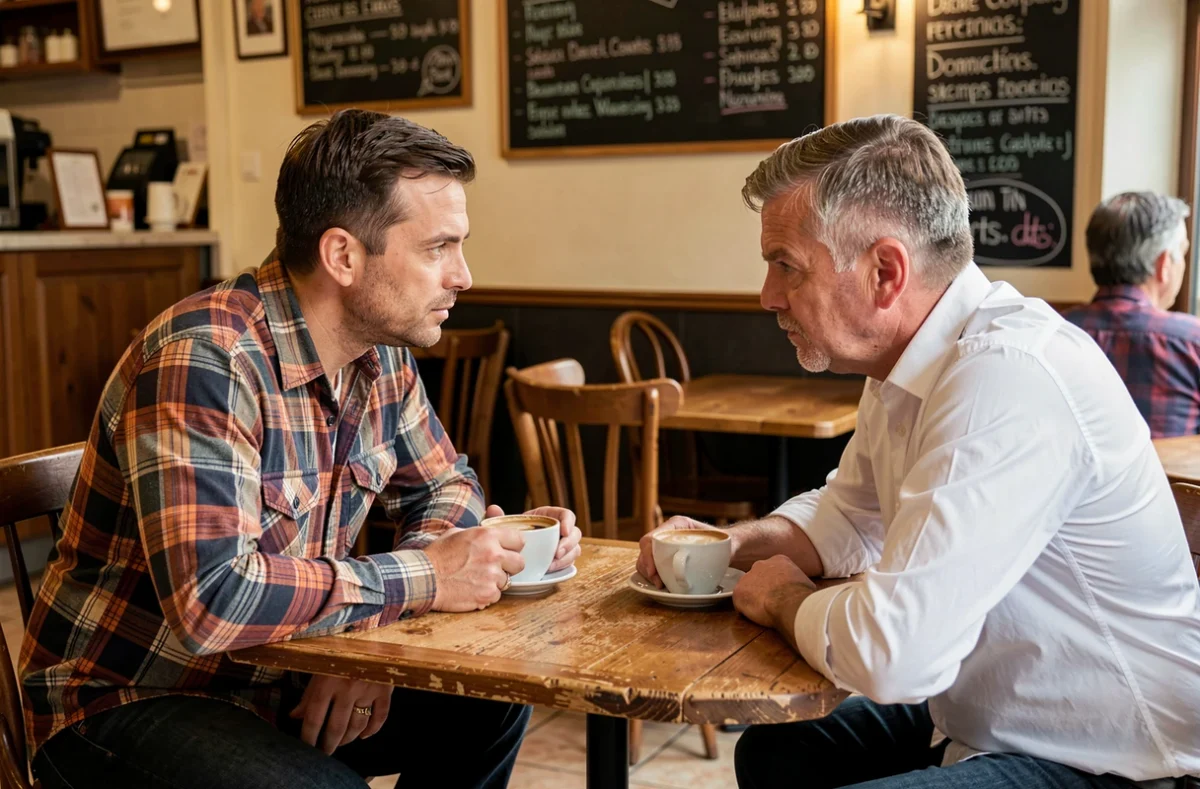 Deux hommes en discussion sérieuse dans un café, l'un portant une alliance au doigt