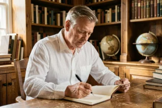 Homme mature écrivant dans un journal dans une bibliothèque, symbolisant la réflexion sur les devoirs moraux de l'homme