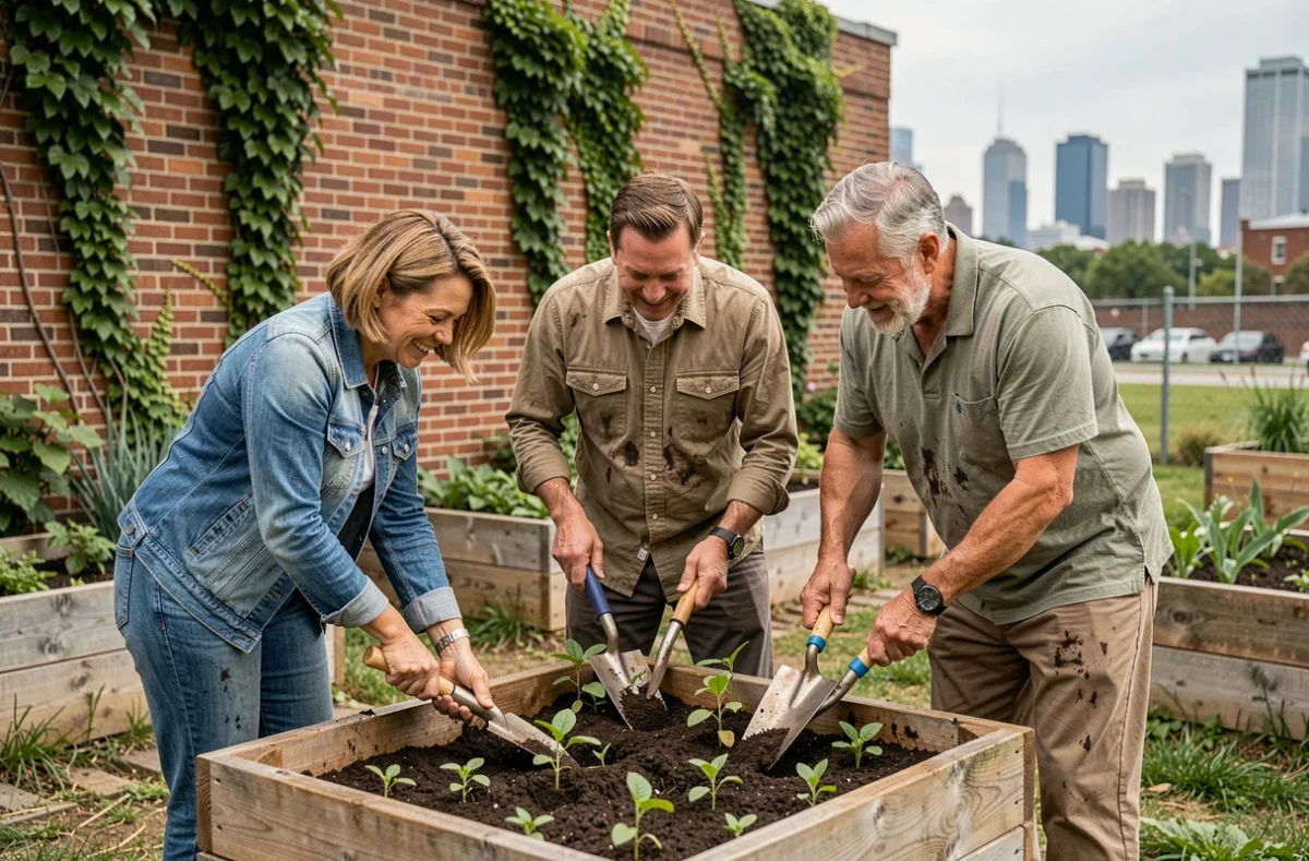 Groupe d'adultes travaillant ensemble dans un jardin communautaire urbain, illustrant le devoir de solidarité et d'engagement envers la communauté