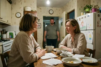 Femme épuisée assise seule à une table de cuisine encombrée, illustrant la tension et le dysfonctionnement au sein d'une famille