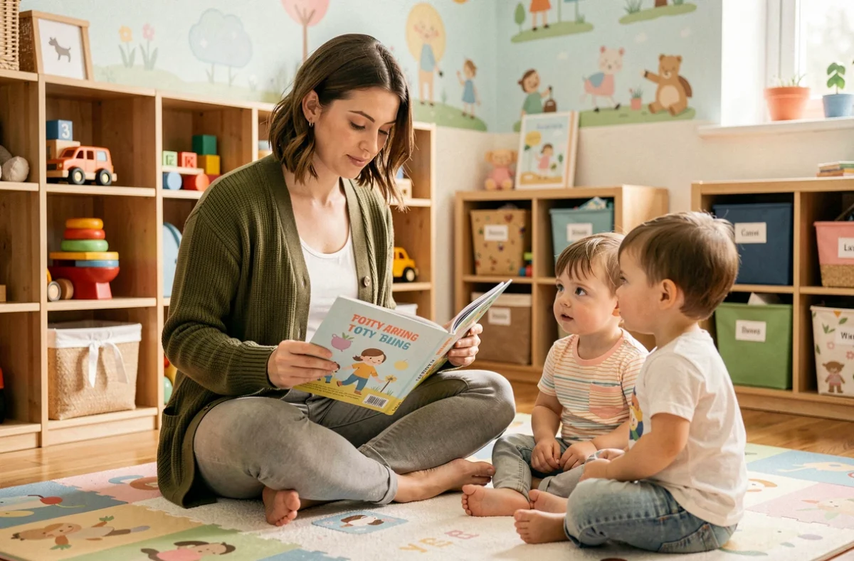 Éducatrice de crèche lisant un livre sur la propreté à des tout-petits dans une salle de jeux lumineuse