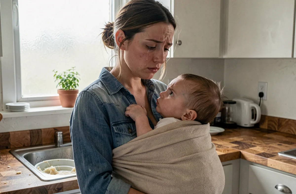 Jeune maman émue portant son nourrisson en écharpe dans la cuisine, le bébé levant les yeux vers son visage avec une expression préoccupée
