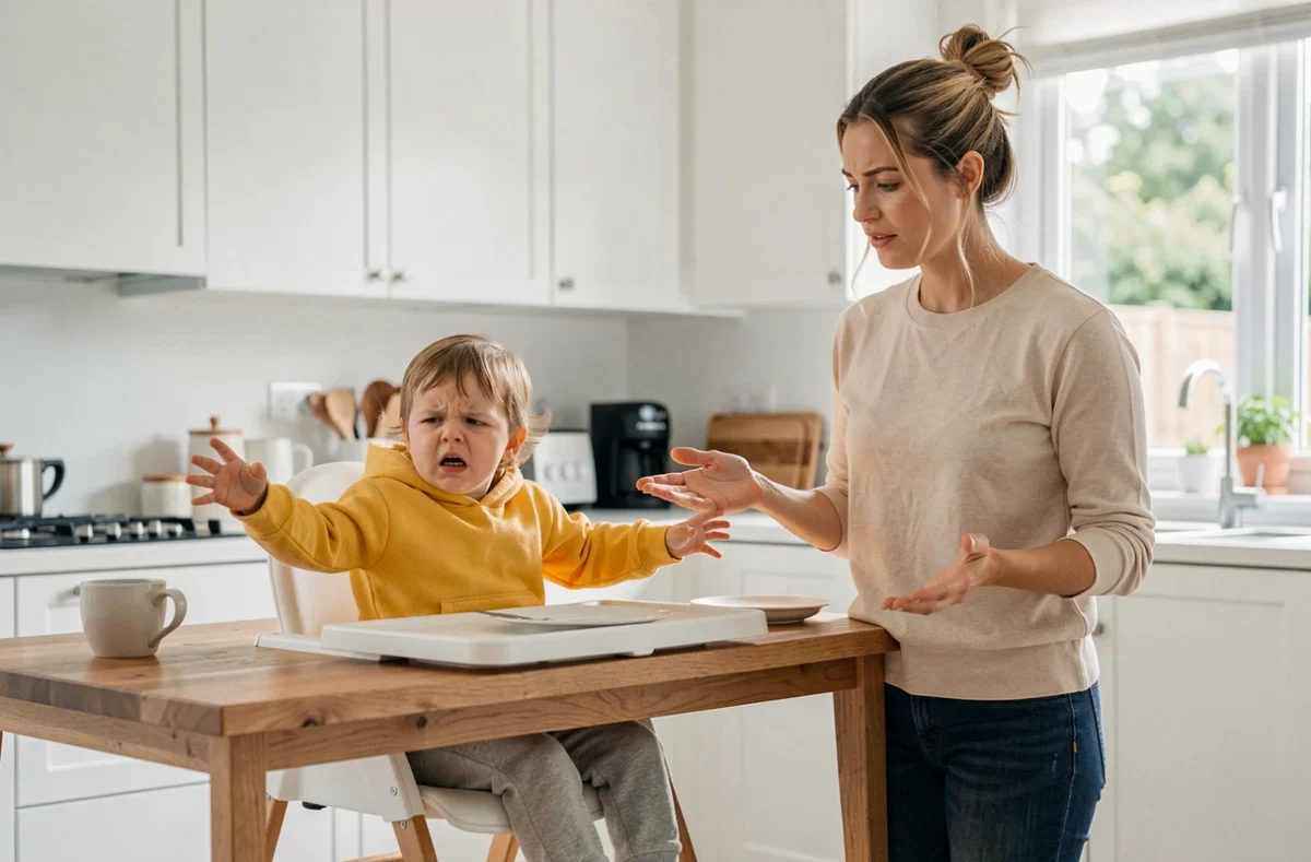 Petit enfant de 2 ans en train de faire une crise dans sa chaise haute pendant que sa maman garde une attitude calme en cuisine