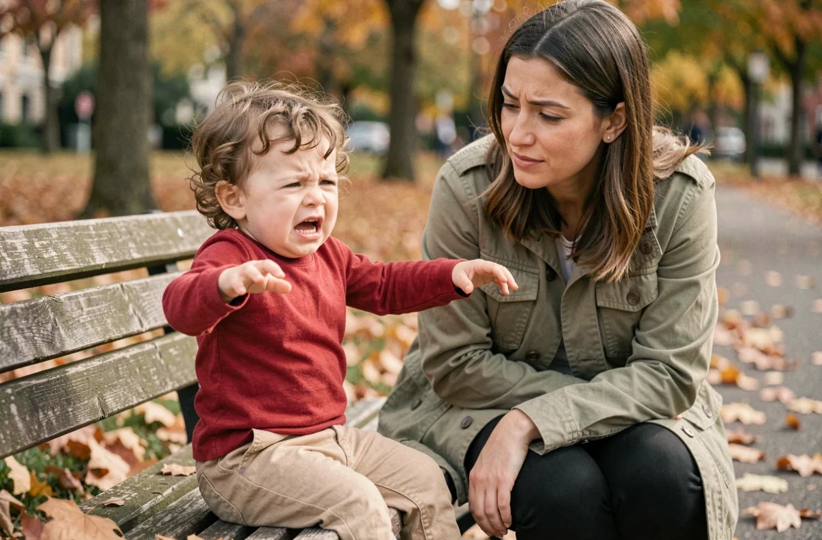 Tout-petit de 2 ans en pleurs sur un banc de parc en automne avec sa maman bienveillante à ses côtés