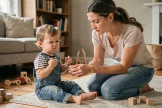 Enfant de 2 ans en crise avec les poings serrés face à sa maman qui reste calme et bienveillante dans un salon chaleureux