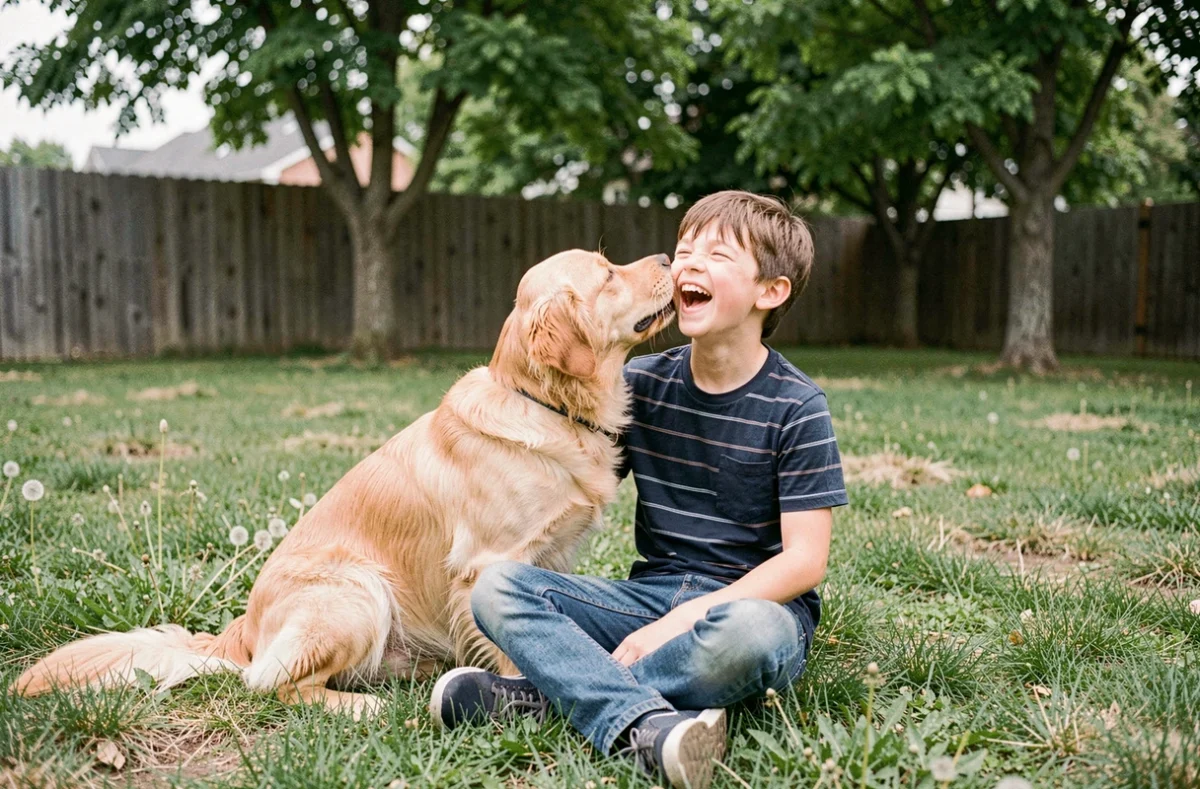 Enfant riant avec un golden retriever dans un jardin, illustrant le bonheur de vivre avec un animal de compagnie