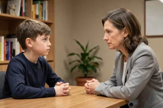 Un enfant pensif face à une médiatrice familiale lors d'une conversation sérieuse dans un bureau de médiation neutre