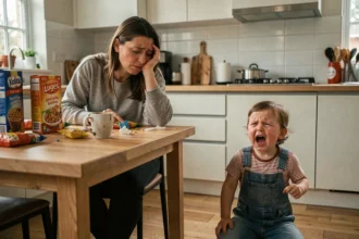Mère épuisée observant son enfant en bas âge faire une crise de colère dans la cuisine