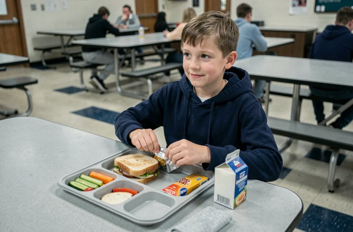 Garçon de 6 à 7 ans mangeant seul à la cantine scolaire avec son plateau repas, autonomie alimentaire en milieu scolaire