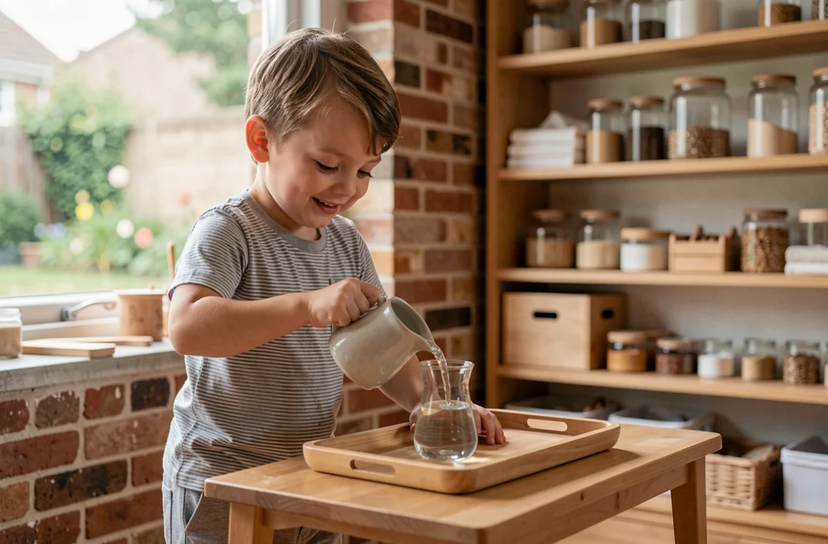 Enfant Montessori versant de l'eau de façon autonome dans un cadre d'apprentissage pratique en classe