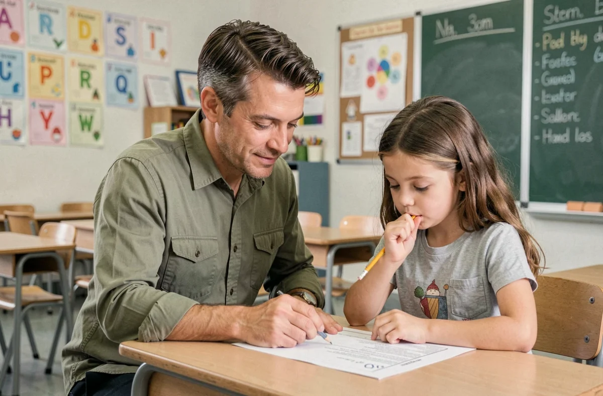 Un enseignant accompagnant une élève en difficulté dans une salle de classe de primaire