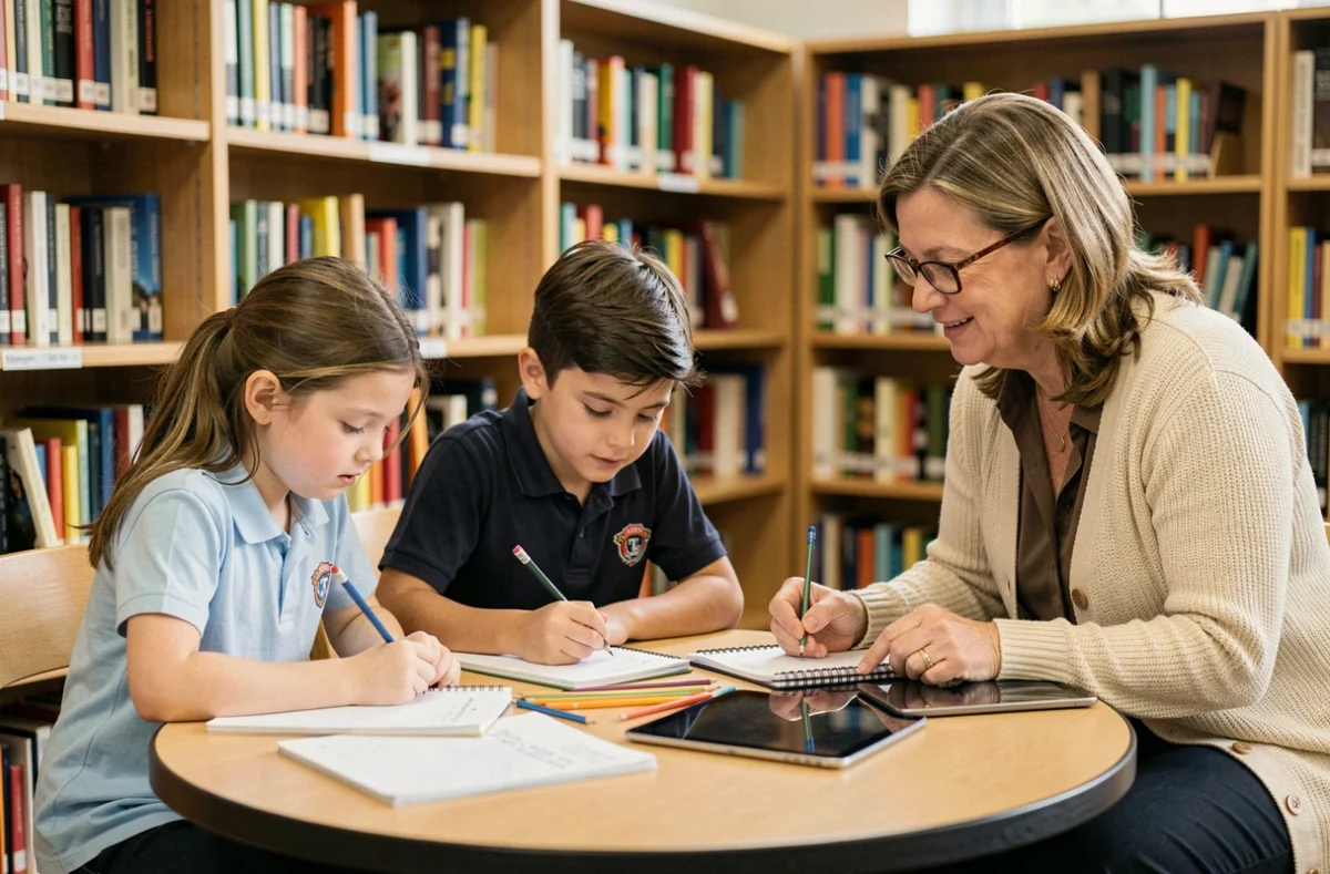 Enseignante aidant deux élèves à faire leurs devoirs dans une bibliothèque scolaire